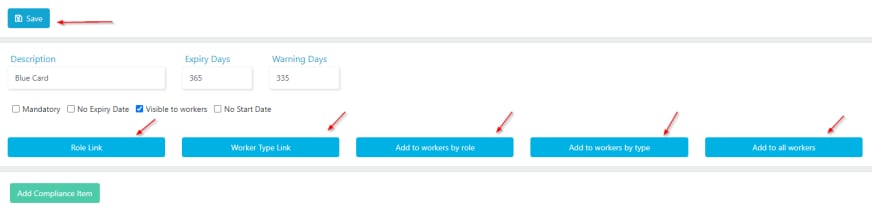 Role Link setup showing multiple roles selected for a compliance item