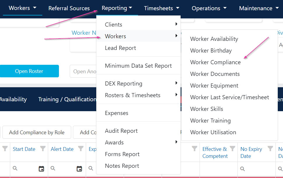 Forms linked to compliance items on the worker profile