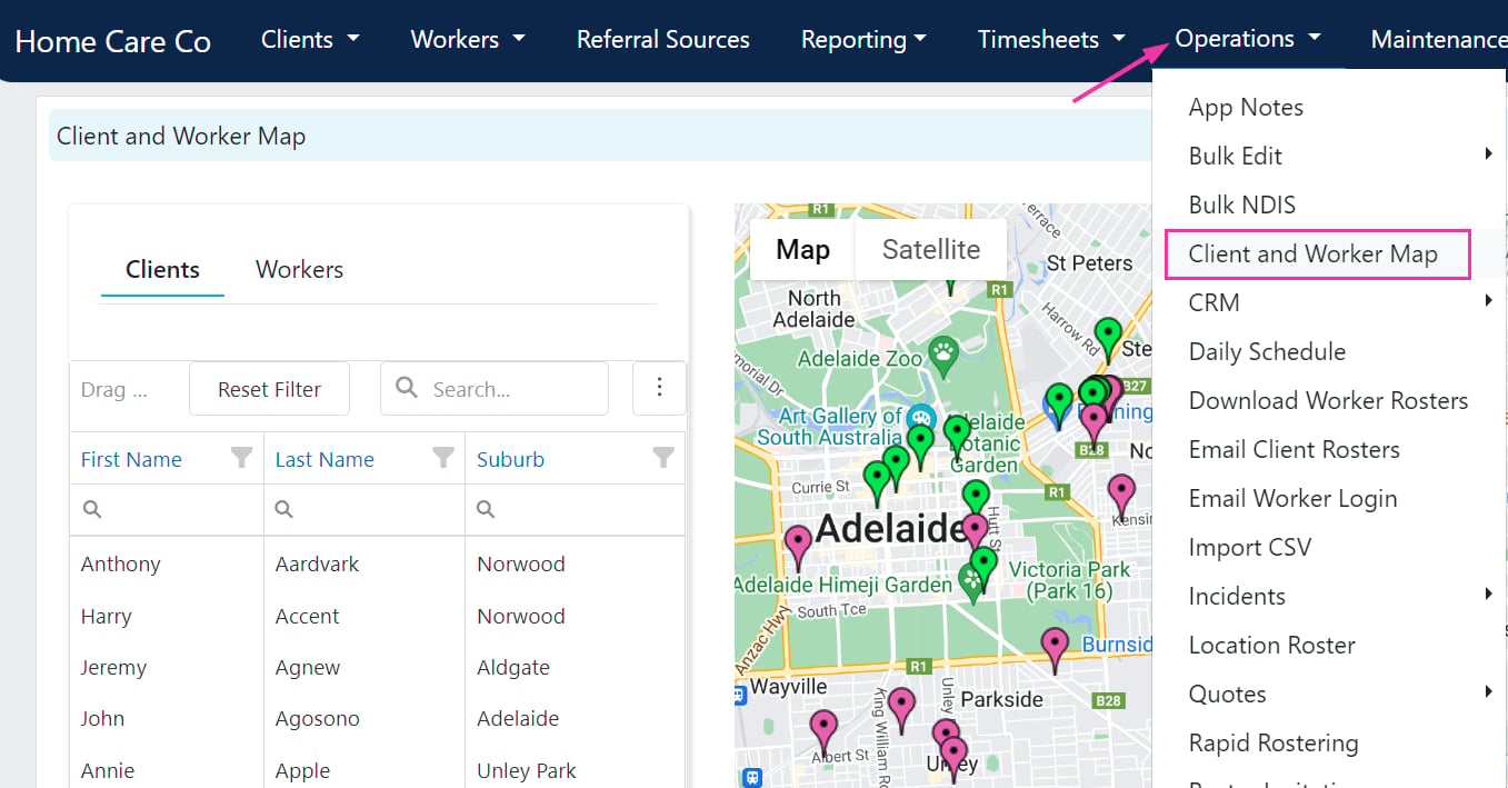 Client and worker map