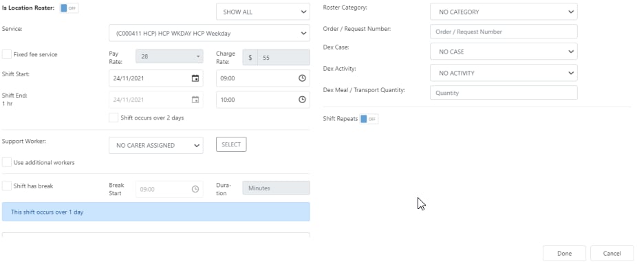 Shift details form