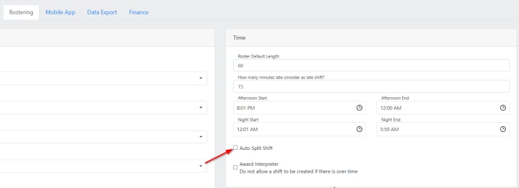 Auto split shift setting