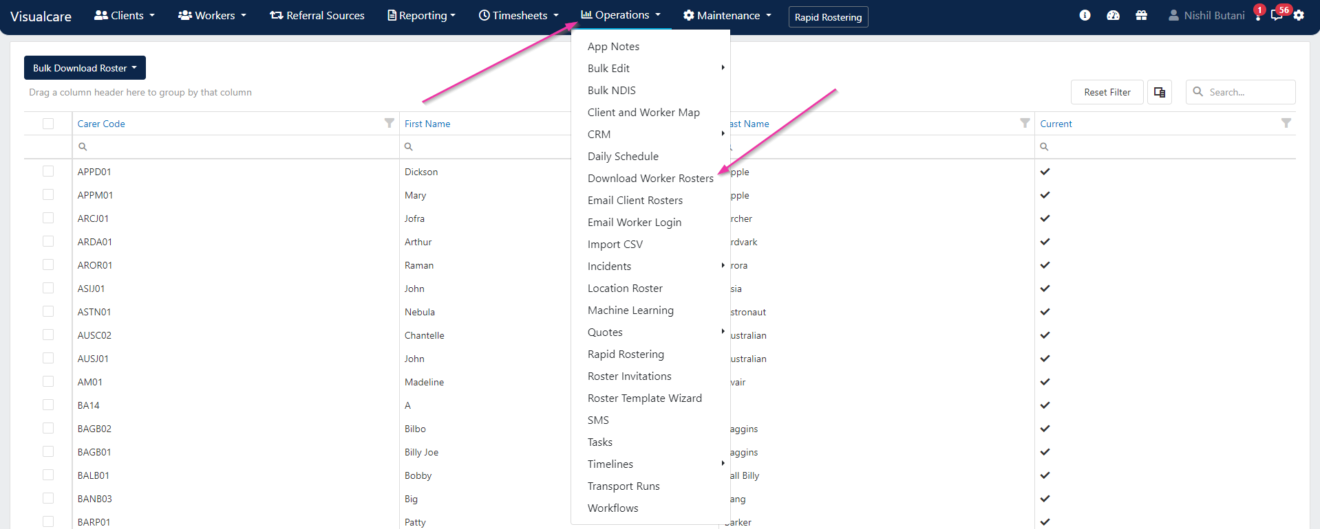 Download worker rosters menu