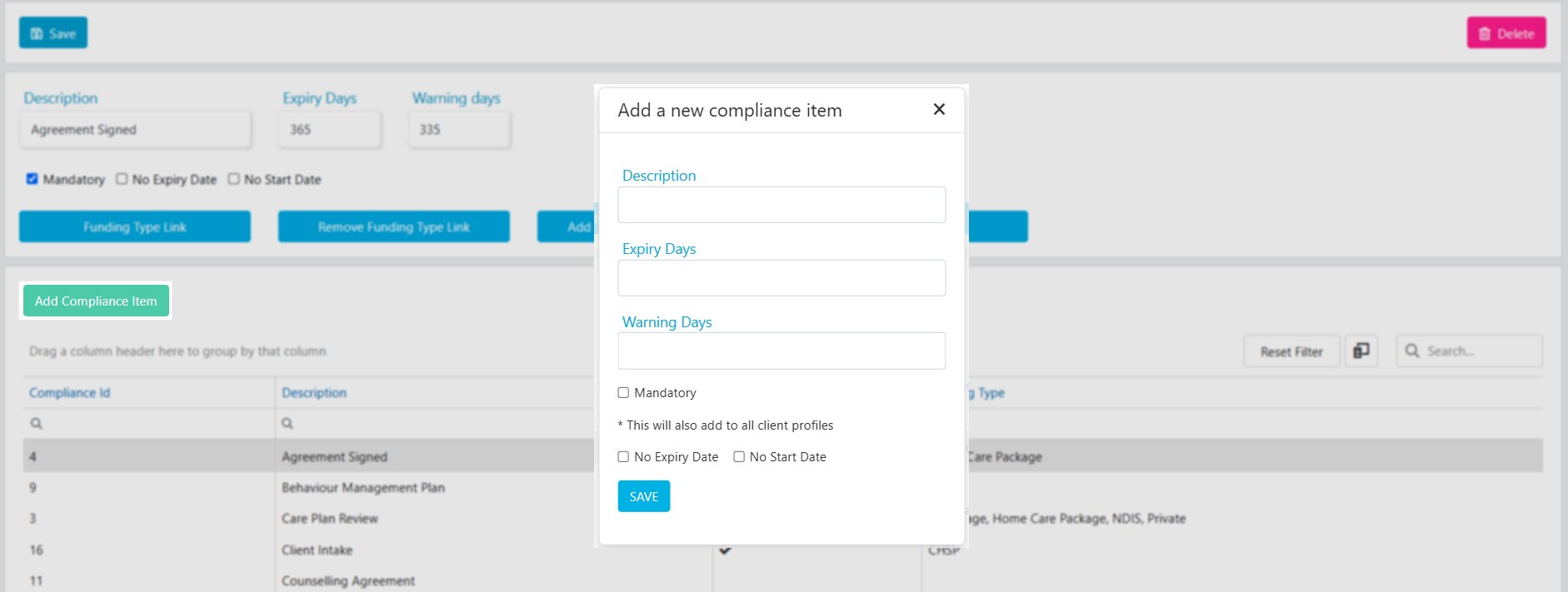 Client compliance list in Maintenance