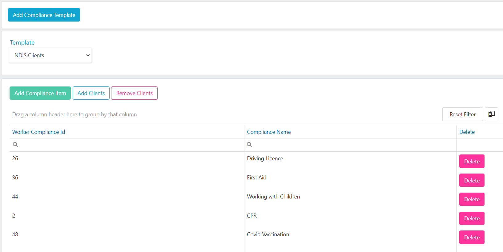 Compliance template setup