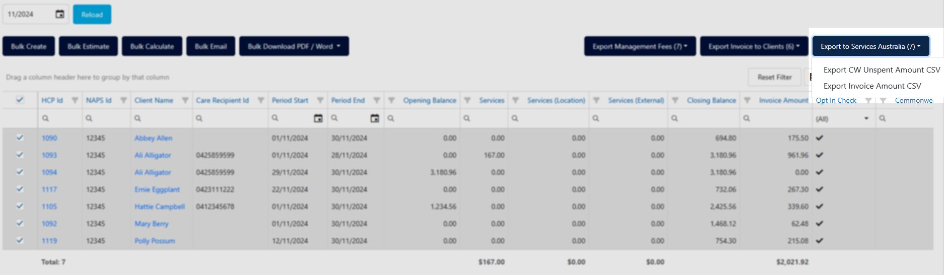 Export to Services Australia options