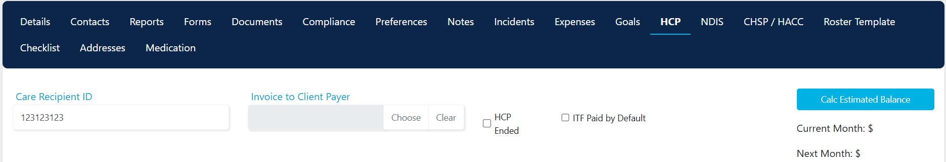 HCP setup fields