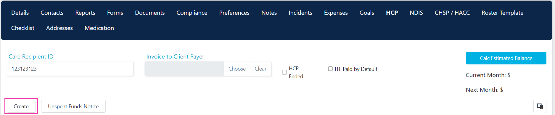 Create HCP statement button