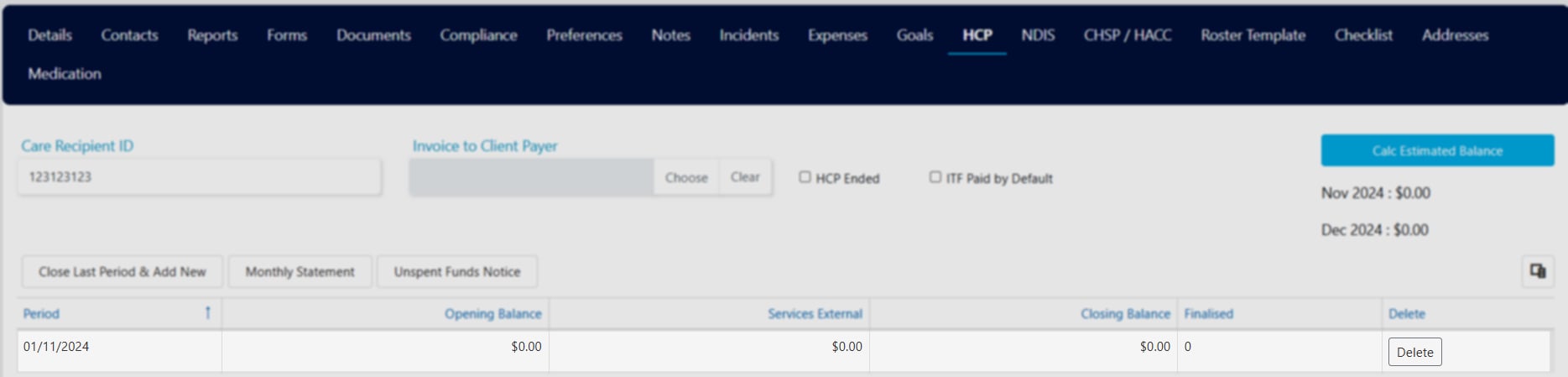 HCP statement periods table