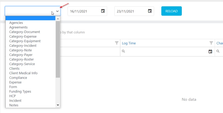 Audit report screen showing module selection and date range filters