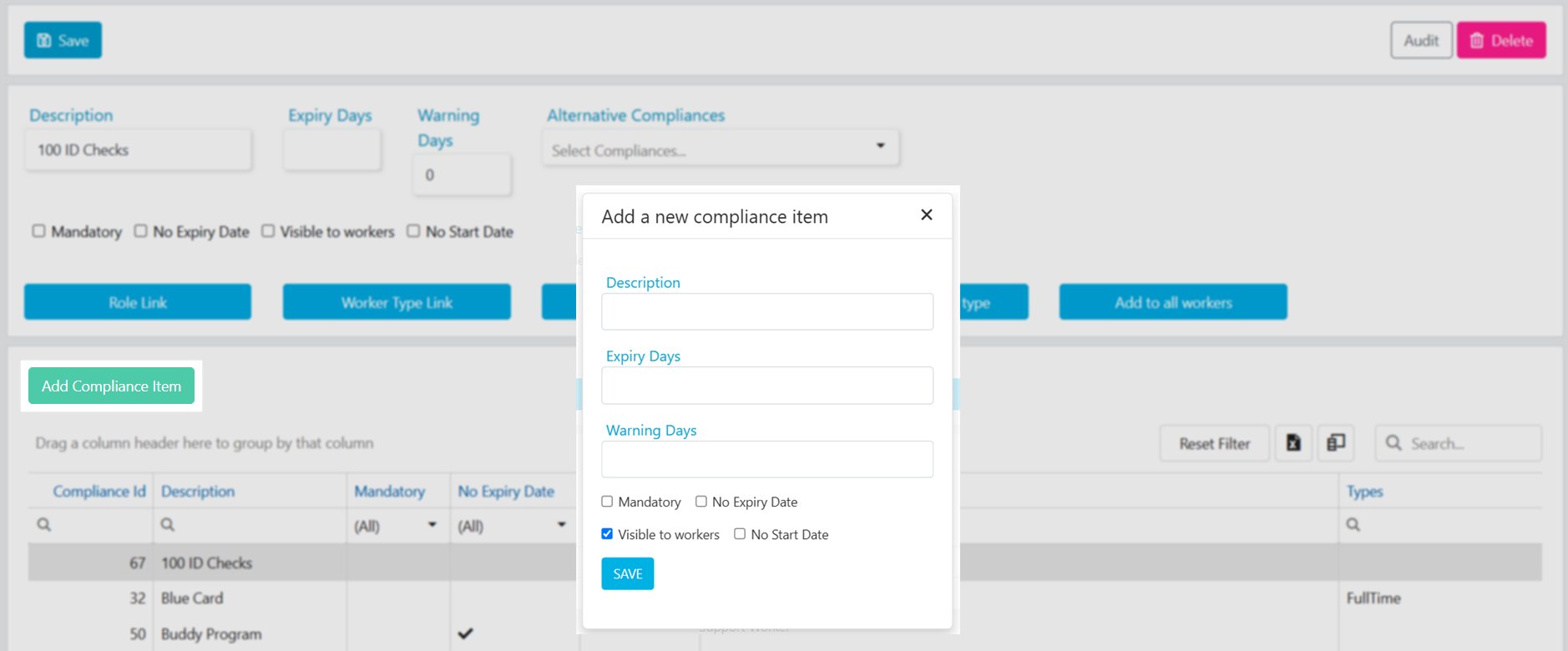 Worker compliance item configuration showing fields and options