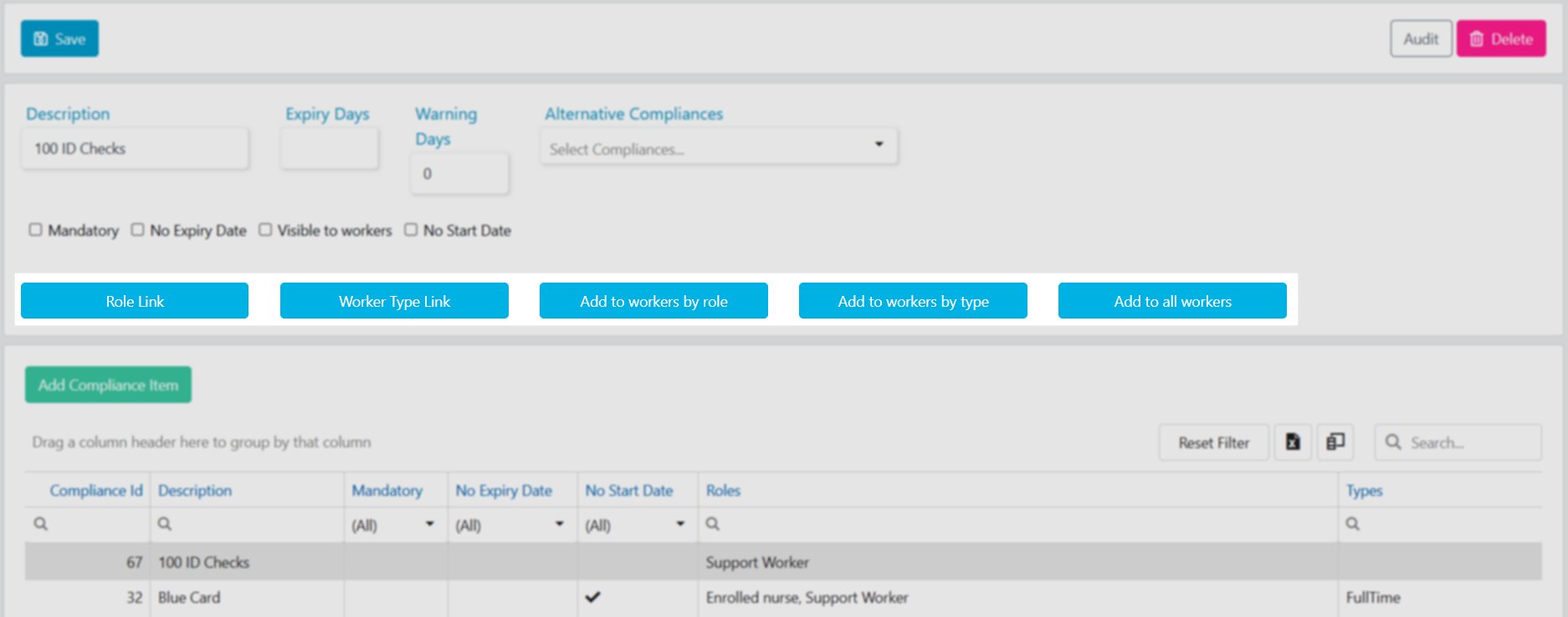 Options for linking worker compliance items to roles, types, or all workers