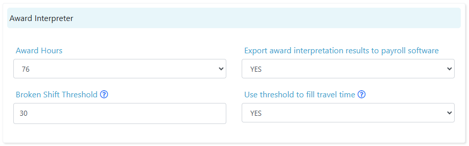Award interpreter settings in the Data Export configuration