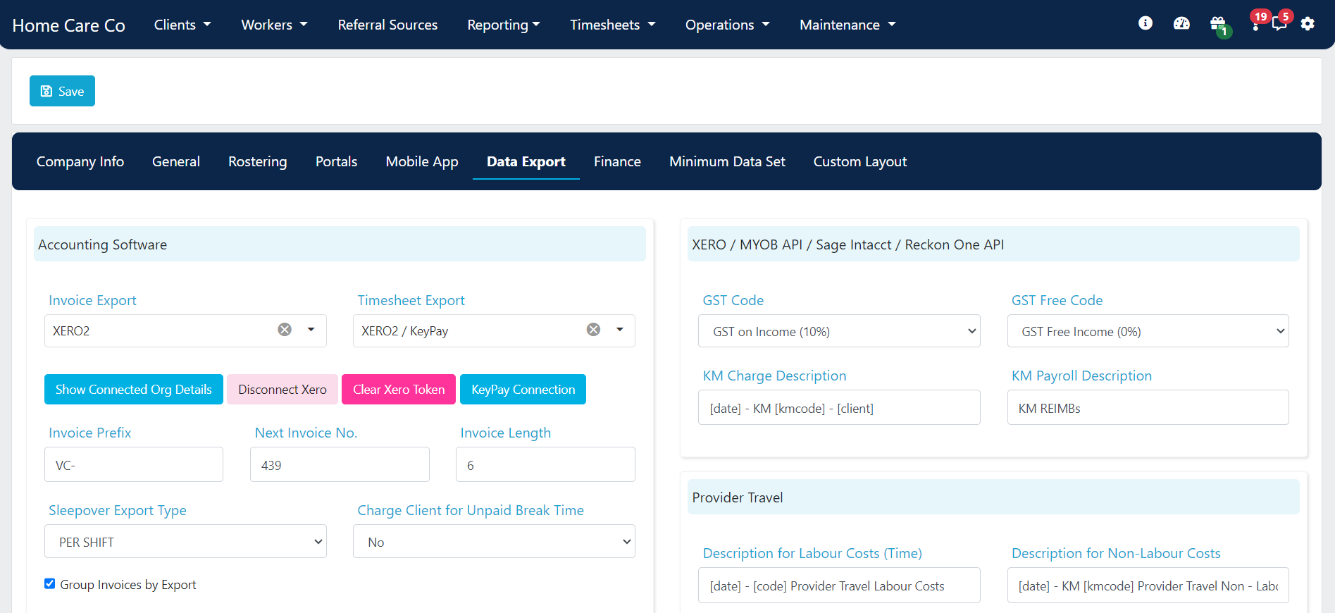 Settings page showing the Data Export tab