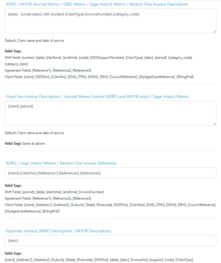 Invoice description and reference tag configuration