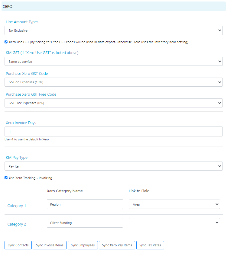 Xero tracking and KM pay type settings