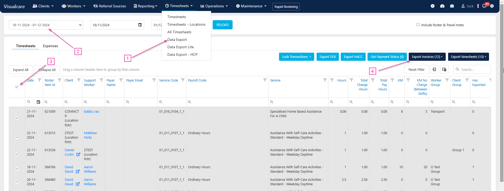 Data export page showing the timesheets tab and date range options