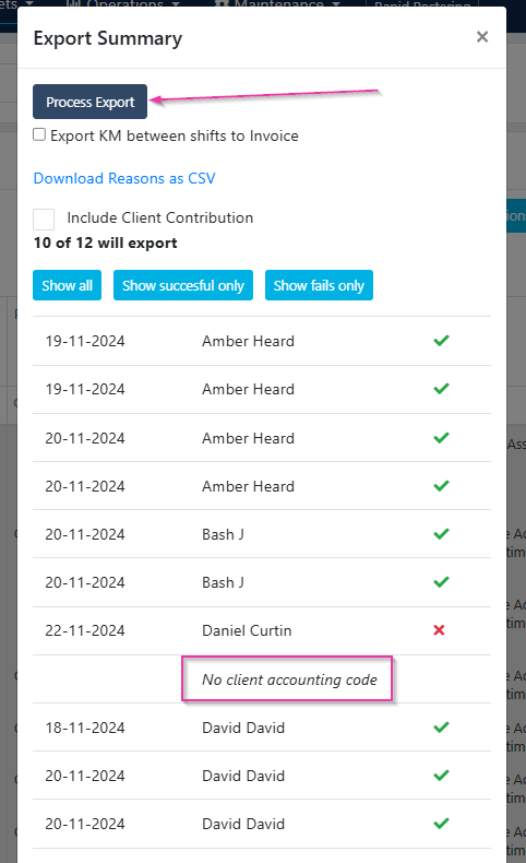 Export summary pop-up showing errors and the Process Export button