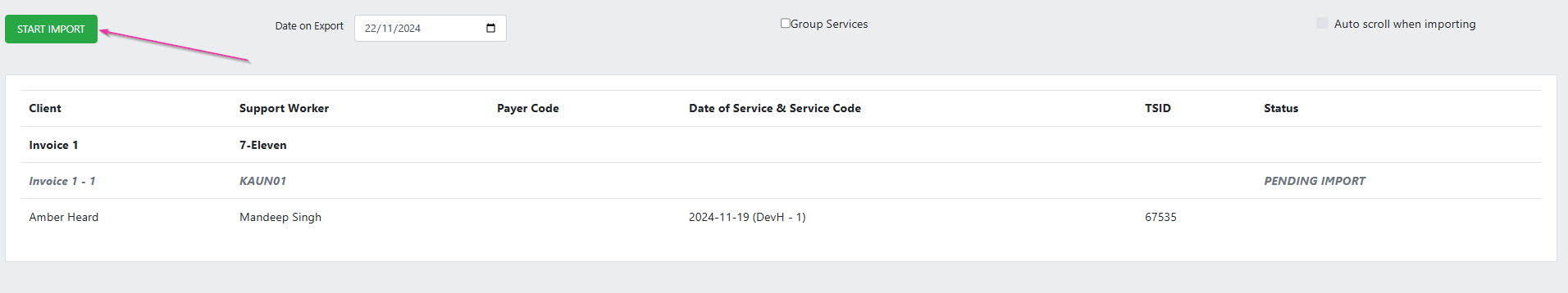 Export status page with Start Import button
