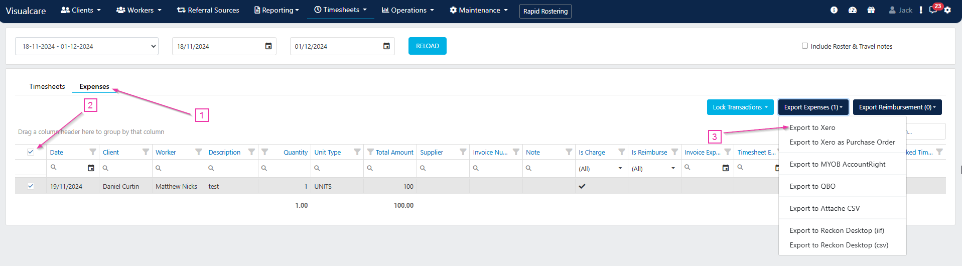 Expenses tab on the data export page