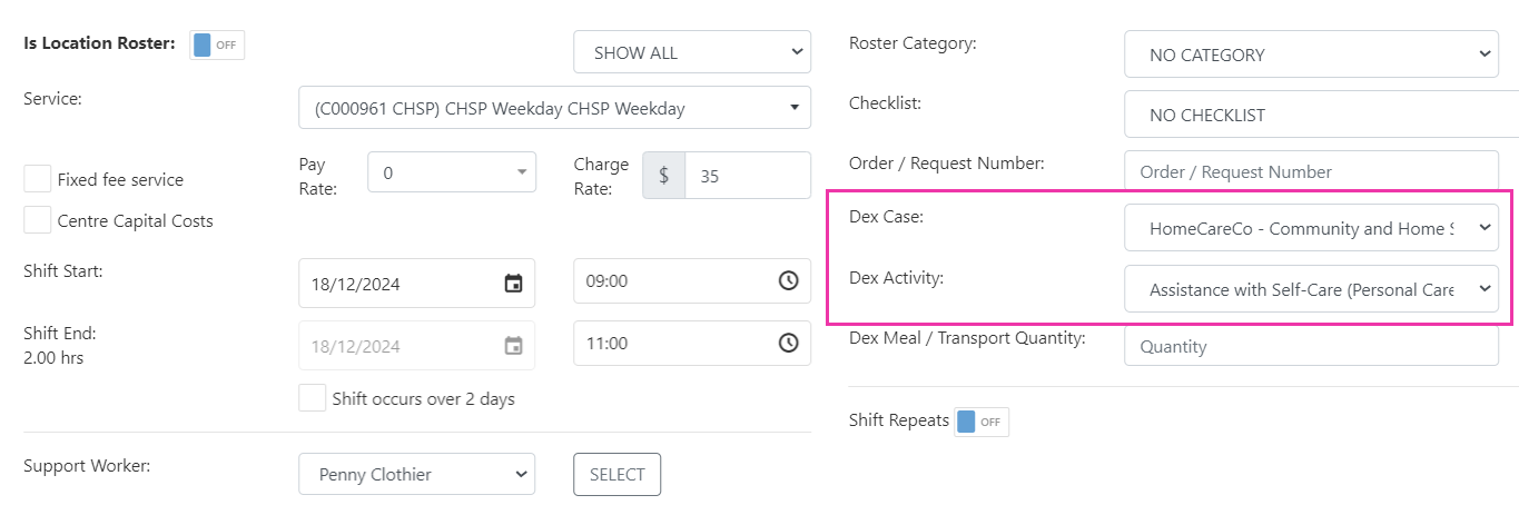 Shift edit window showing DEX Case and DEX Activity drop-down fields