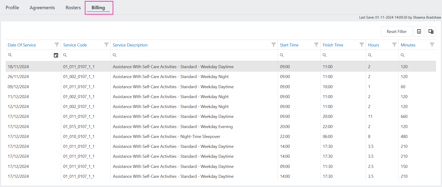 Client billing tab showing recent shift history