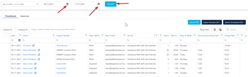 Data export date range and reload options