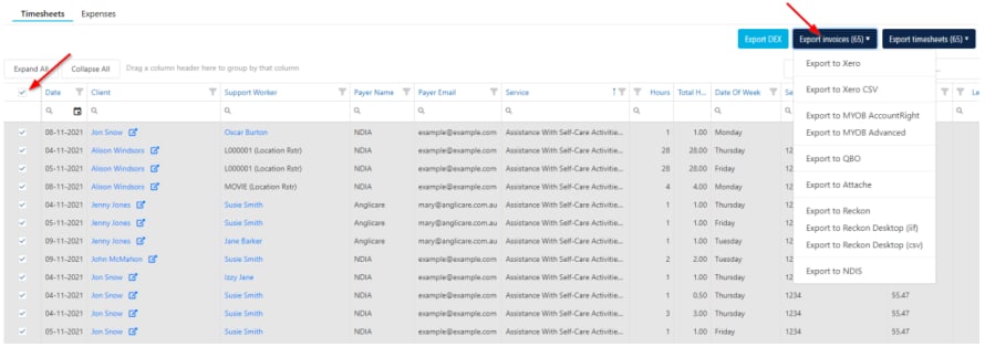 Export options showing invoice and timesheet export buttons