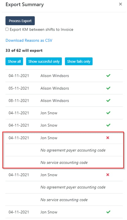 Export summary showing errors and successful items
