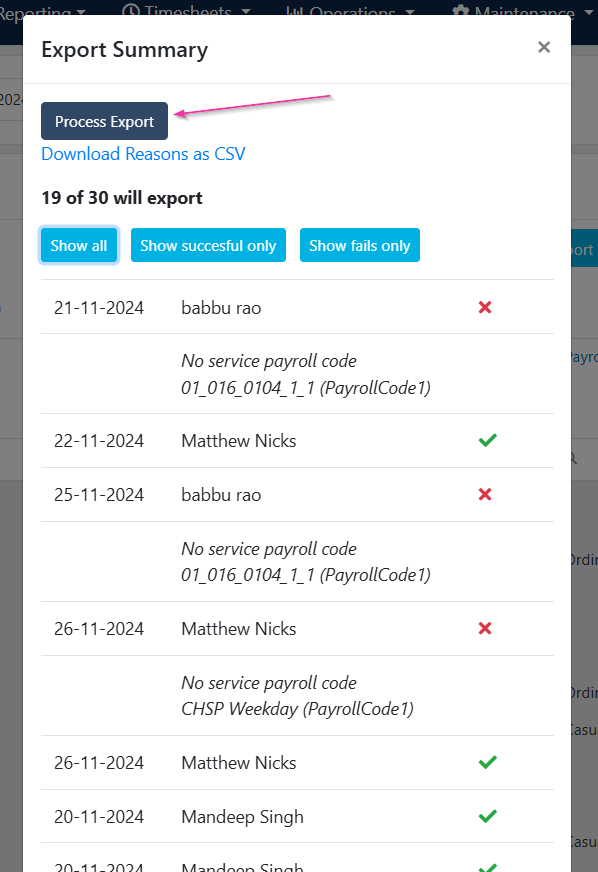 Export summary pop-up for payroll data
