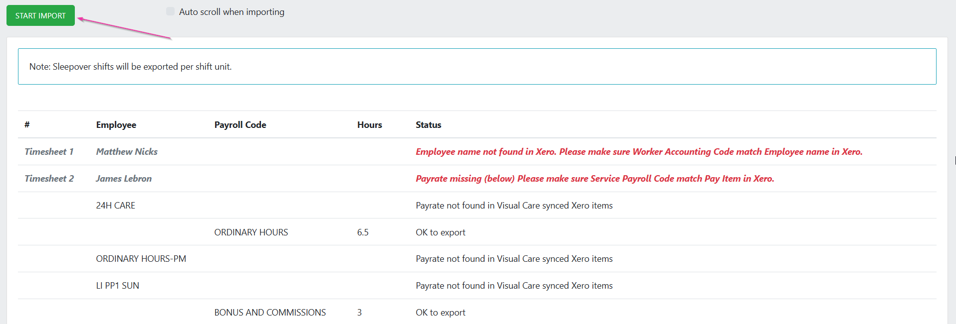 Export status page showing the Start Import button