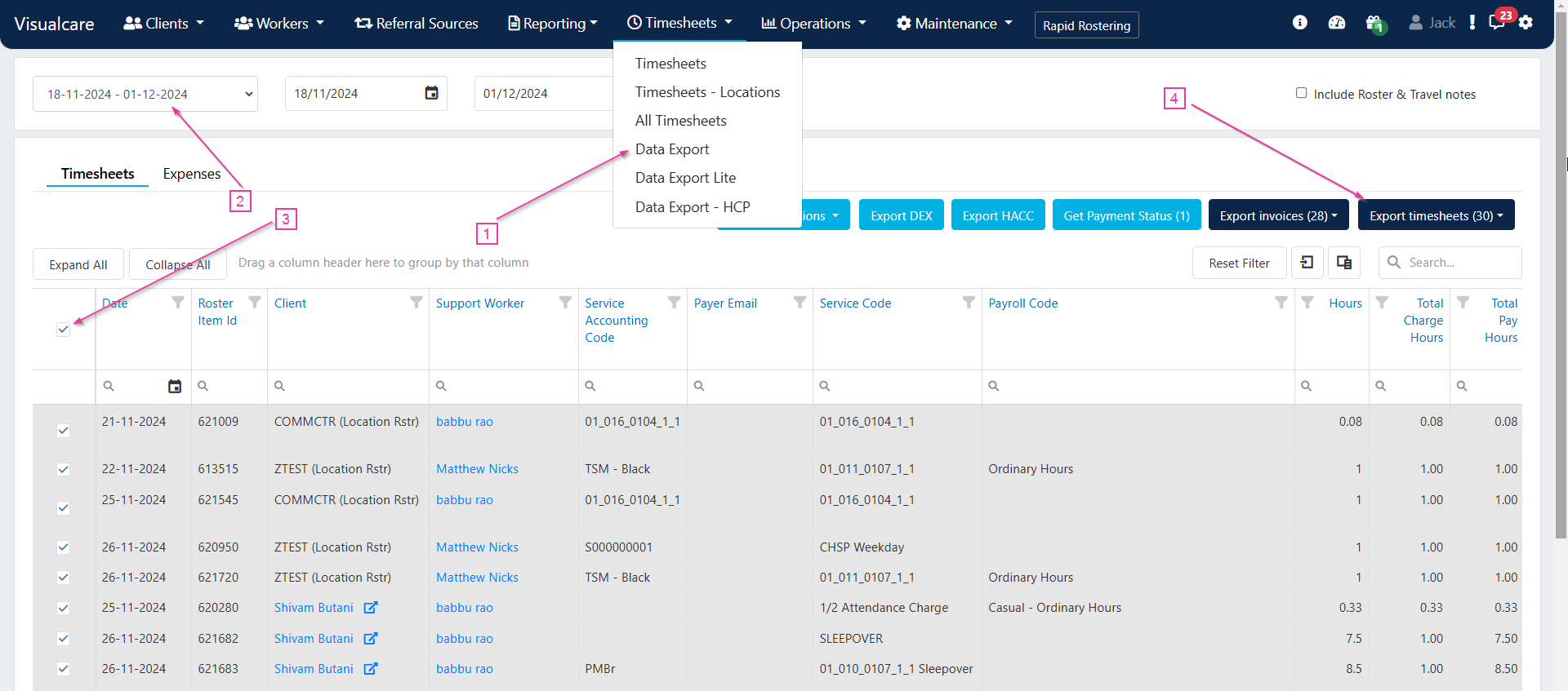Data export page for payroll showing the Timesheets tab