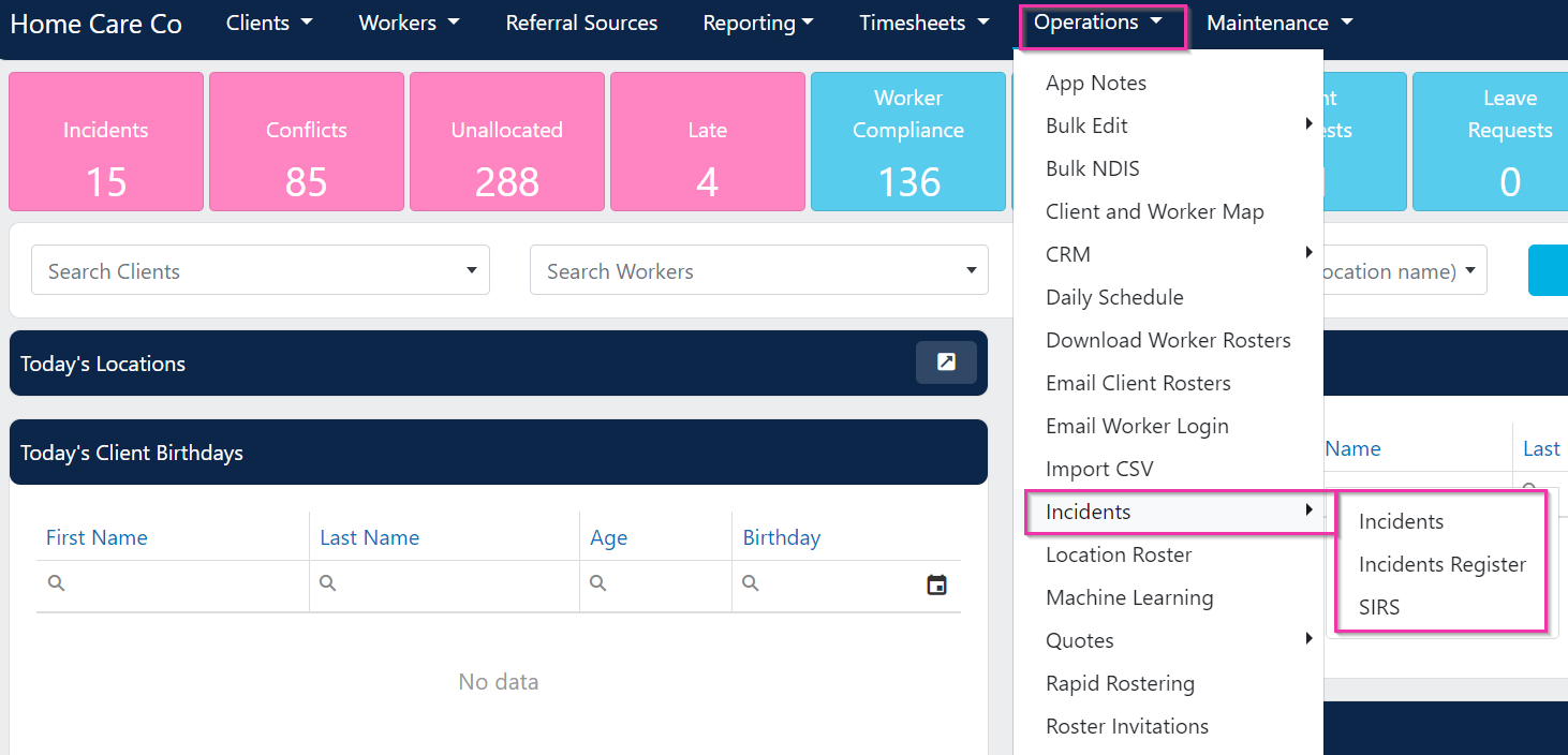 The All Incidents view under Operations showing Incidents, Incidents Register, and SIRS tabs