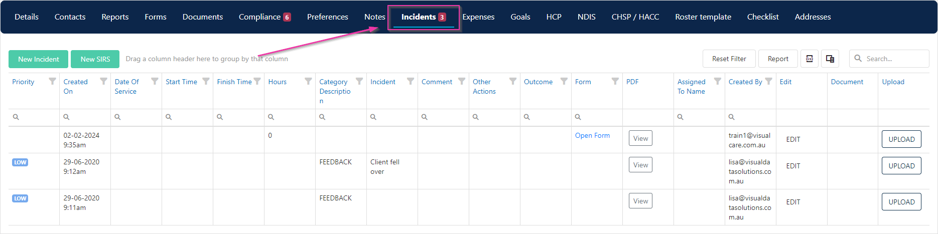 The Incidents tab on a client profile showing a list of incident records