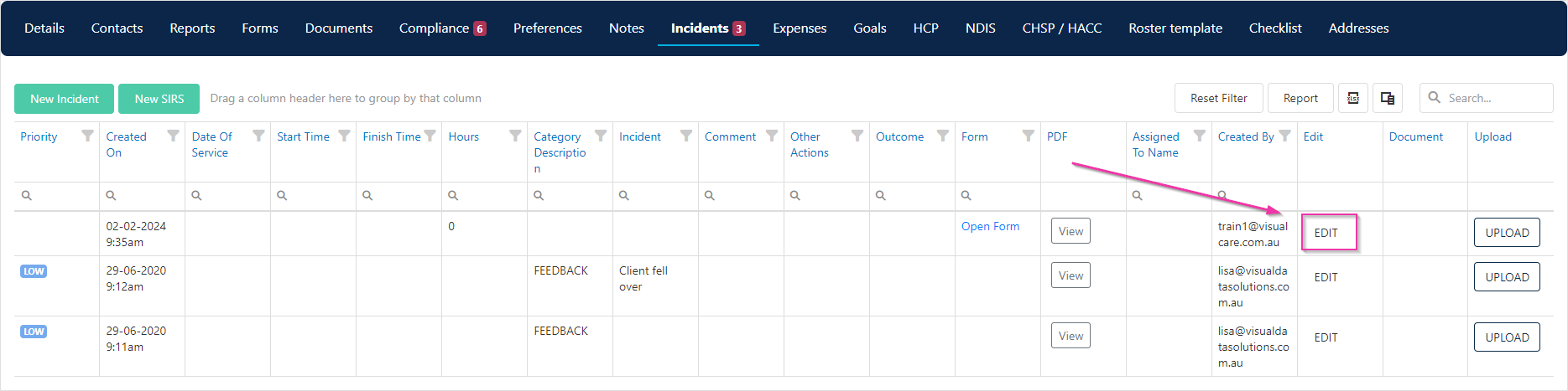 The Edit button on an incident record in the client's Incidents tab