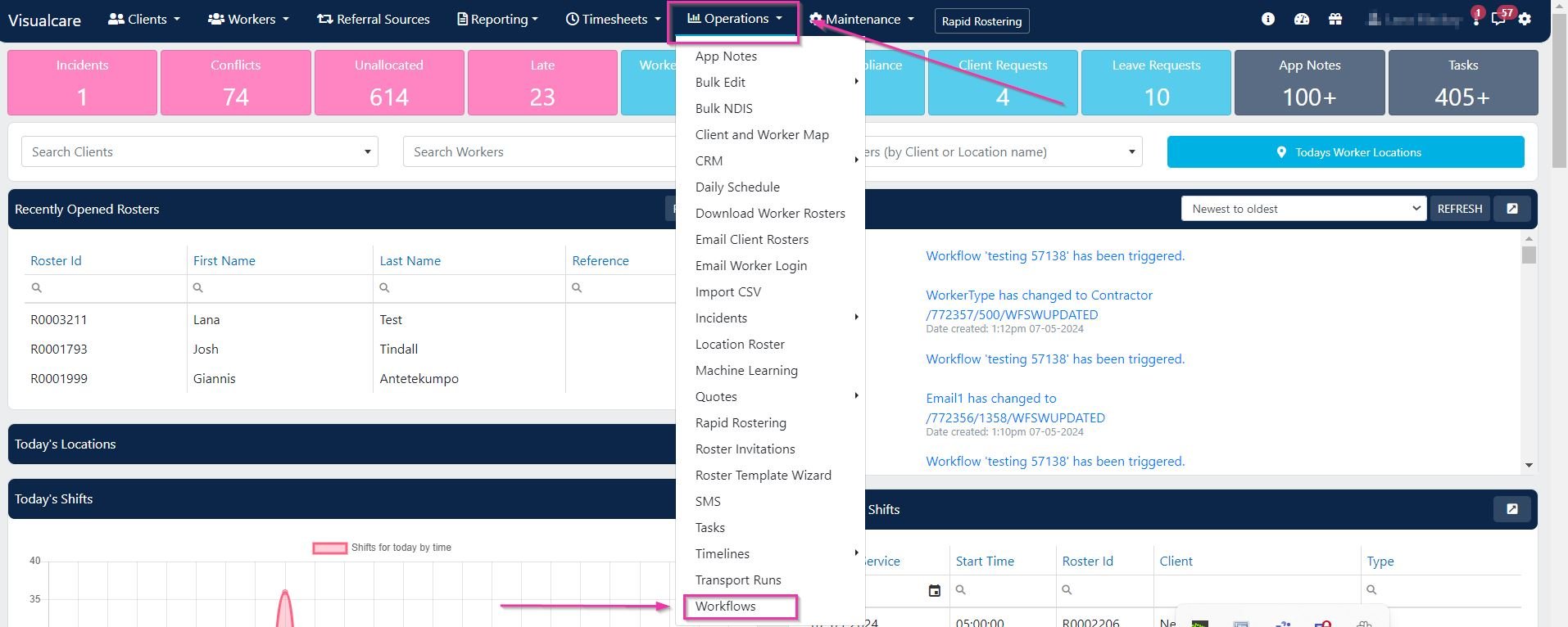 Workflows menu