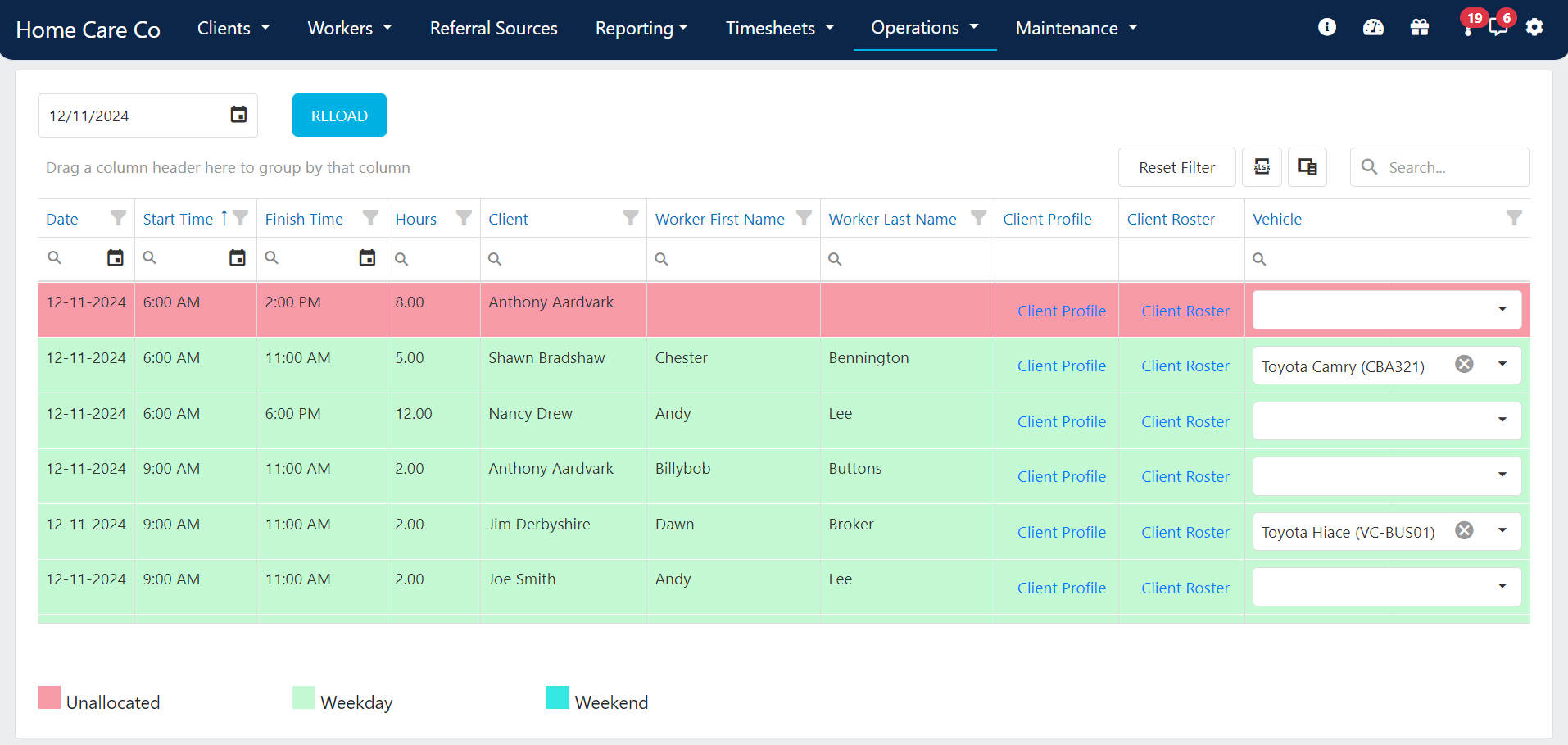 Vehicle rostering page