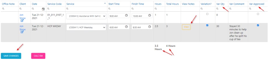 Editing timesheet fields including variation details