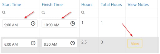 View notes button highlighted orange indicating shift changes