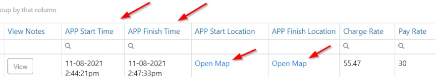 APP columns showing start and finish times with map links