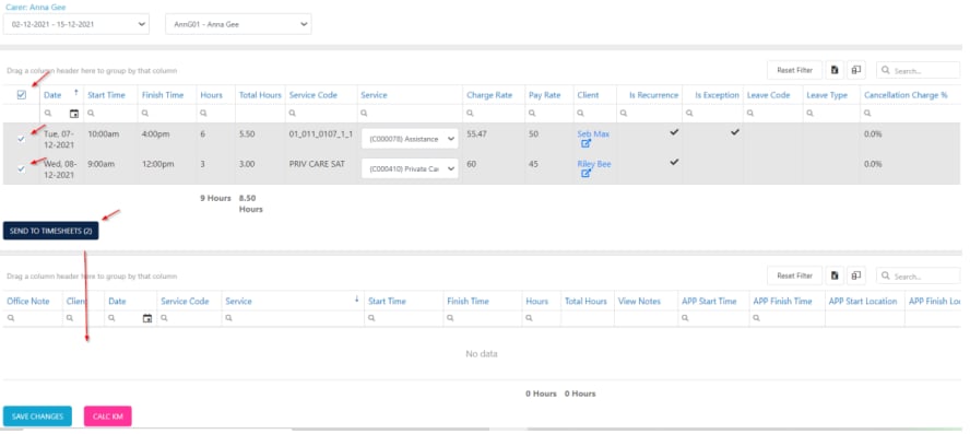 Worker timesheet view showing unconfirmed items in the top section and confirmed items below