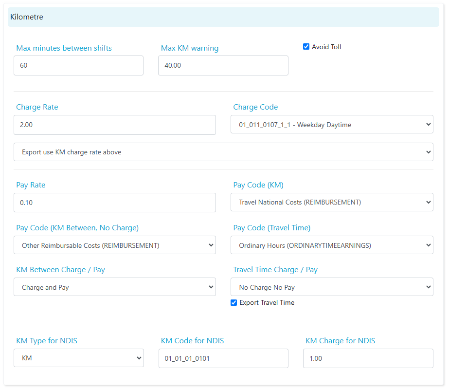 Kilometre settings including rates, codes and pay items