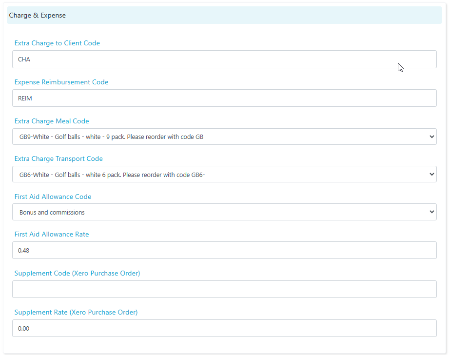 Charge and expense code settings