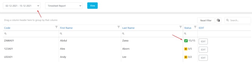 Timesheet list showing worker confirmation status