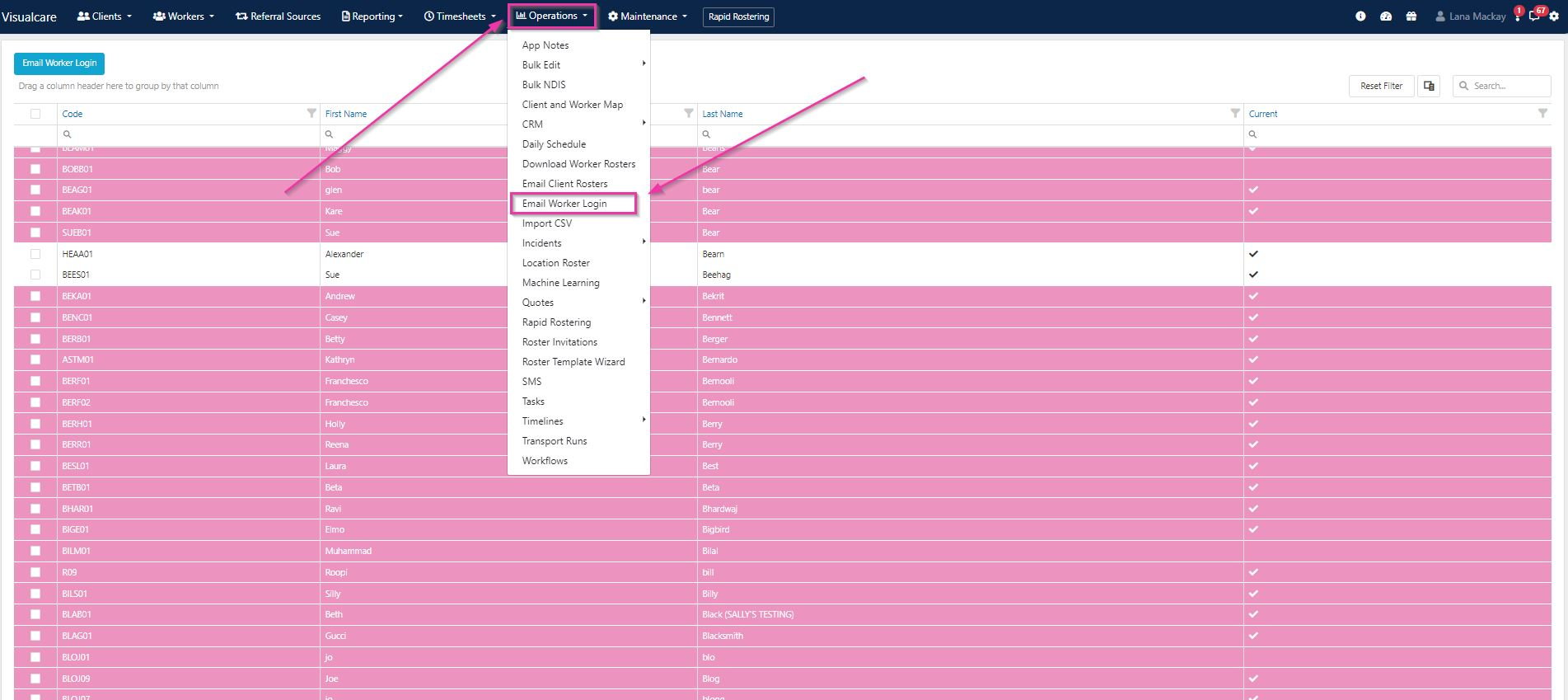 Email Worker Login page showing the list of workers