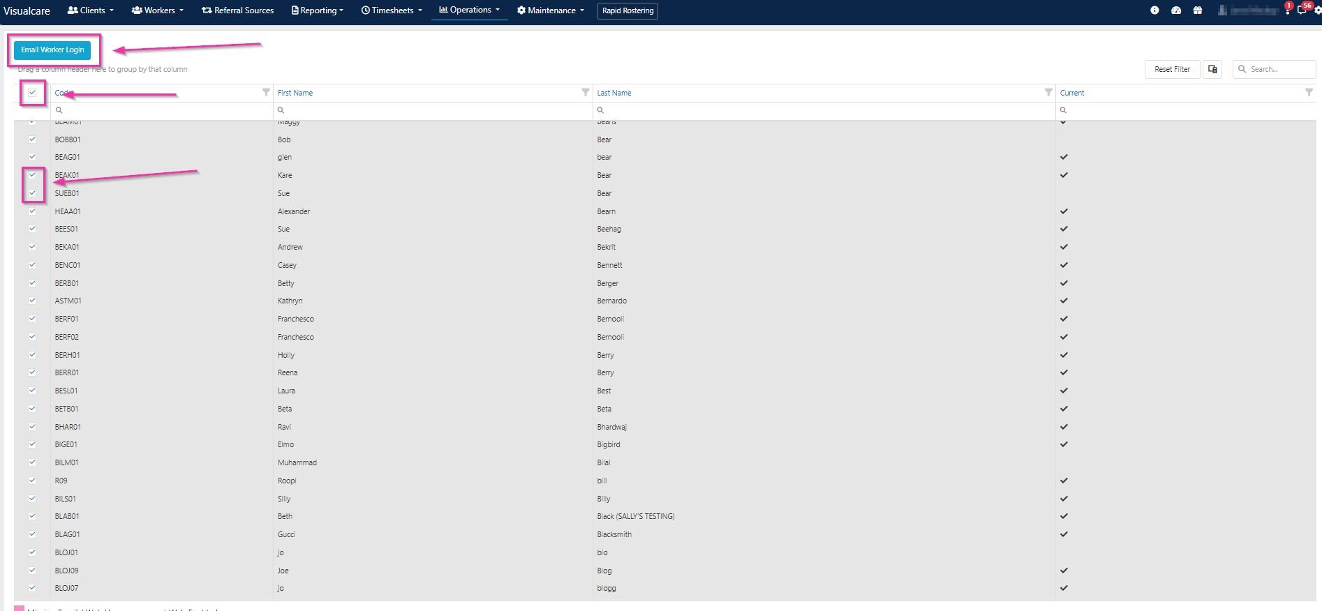 Worker selection with tick boxes and Email Worker Login button