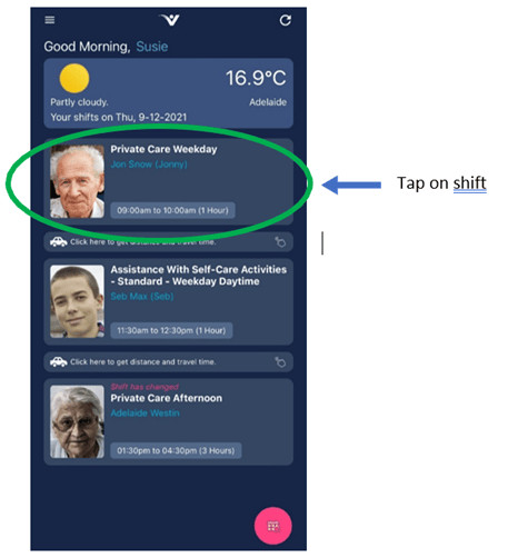 Shift detail screens showing client information, times and actions