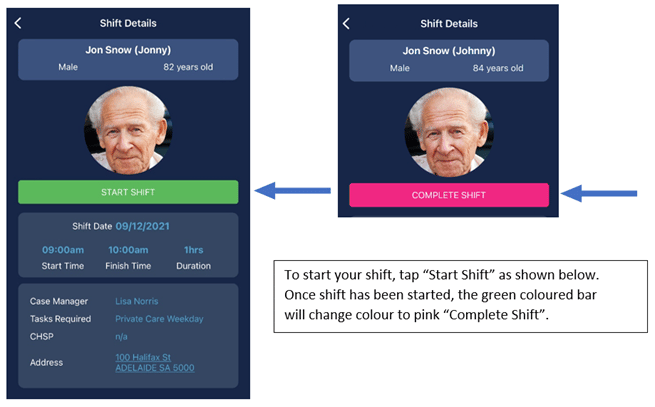 Shift details with start button