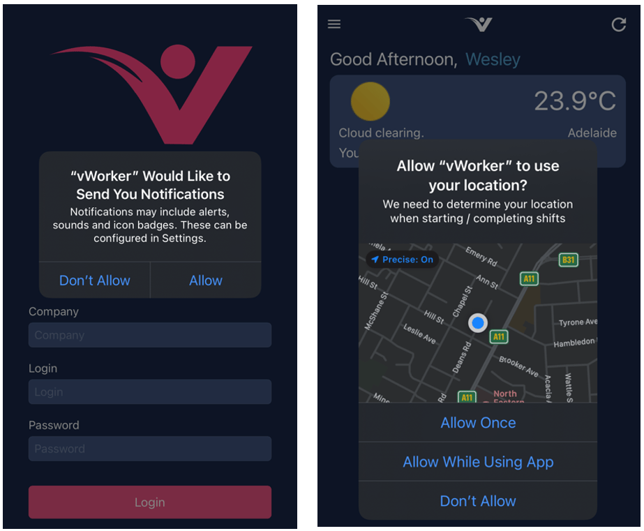 Notification and location permission prompts