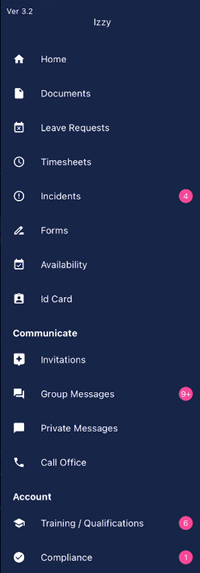 Vworker menu showing all available options