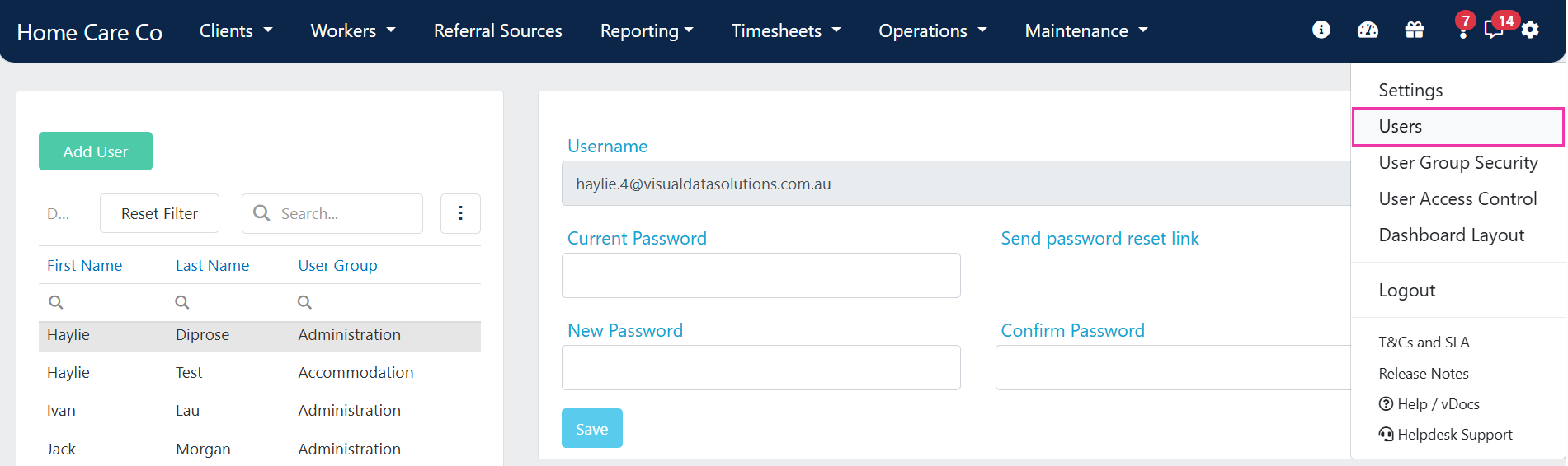 The Users page accessed from the cog icon in the top menu bar